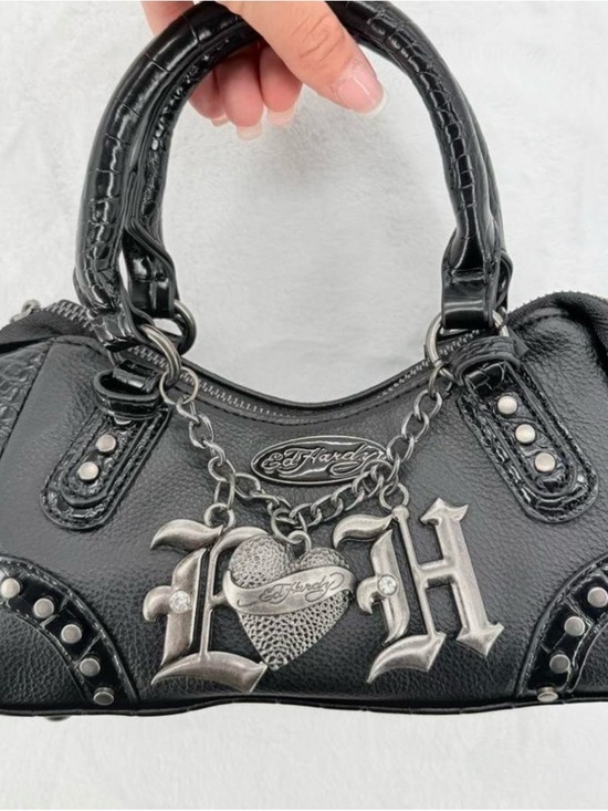 Ed Hardy Handbags - Ed Hardy Black Studded Satchel with Silver Logo Charms